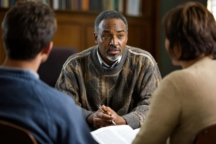 A male pastor giving counsel to someone in a church setting